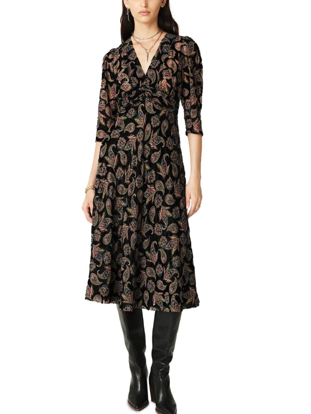 ba&sh Remy Paisley Dark Velvet Midi Dress Fit & Flare - US 2 / XS